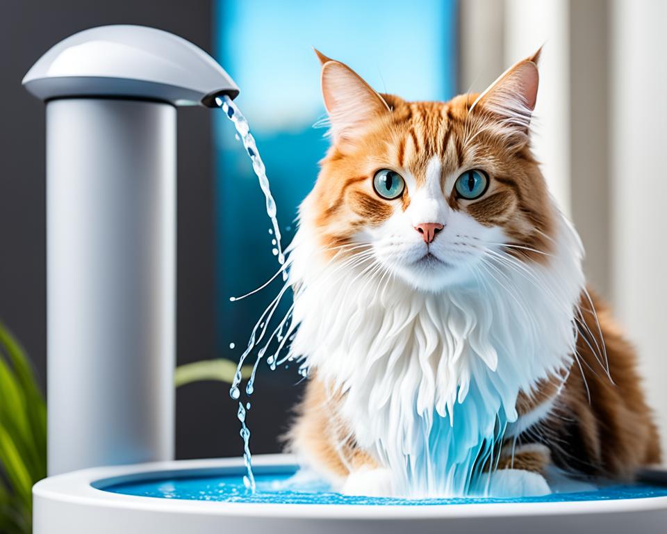 Cat drinking from a water flow stimulator