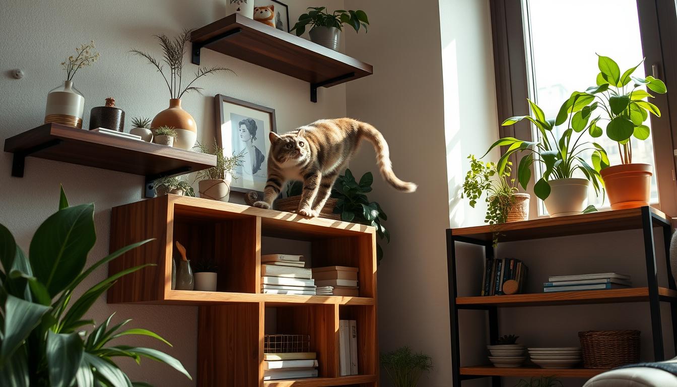 Cat climbing shelves