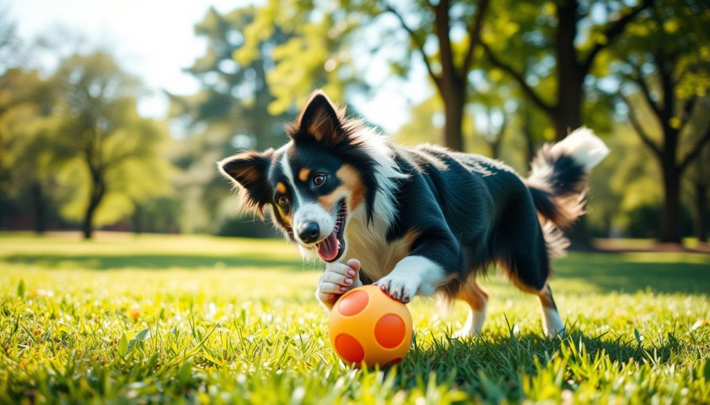 Border Collie playing with interactive toy
