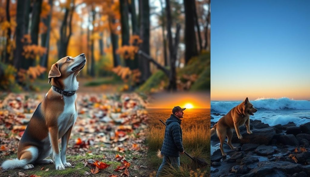 Hunting dog bonding with owner in various environments