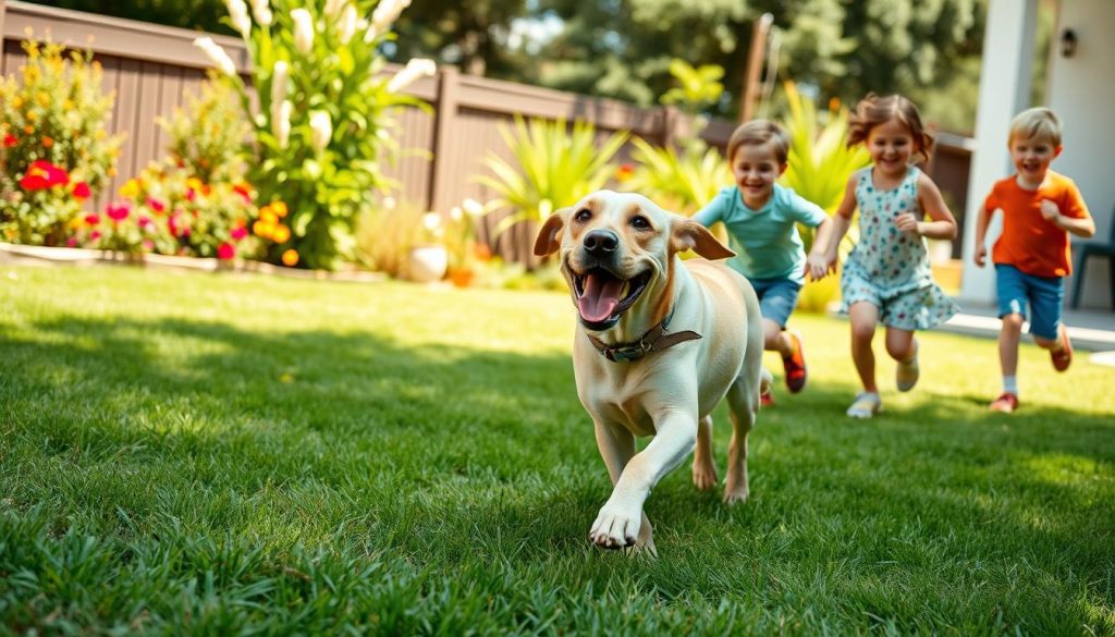 Labrador Retriever playing with family