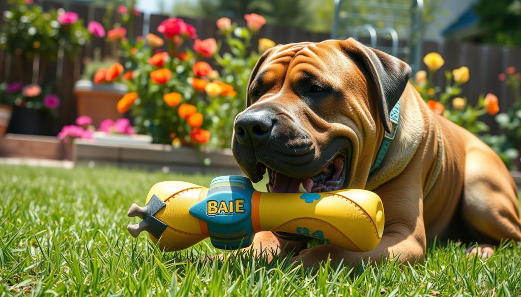 Mastiff playing with chew toy