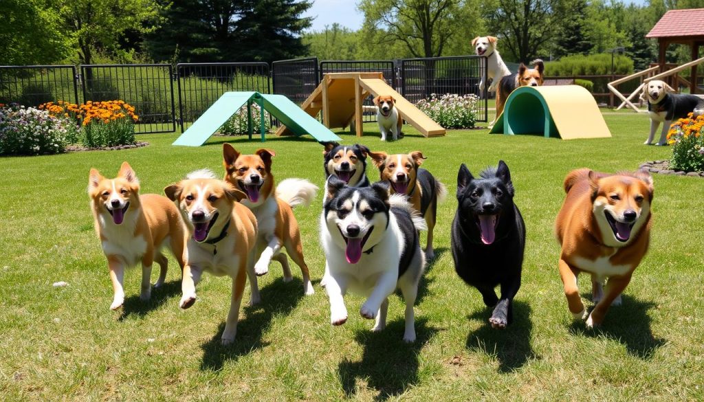 adventure-ready pooches playing at dog park