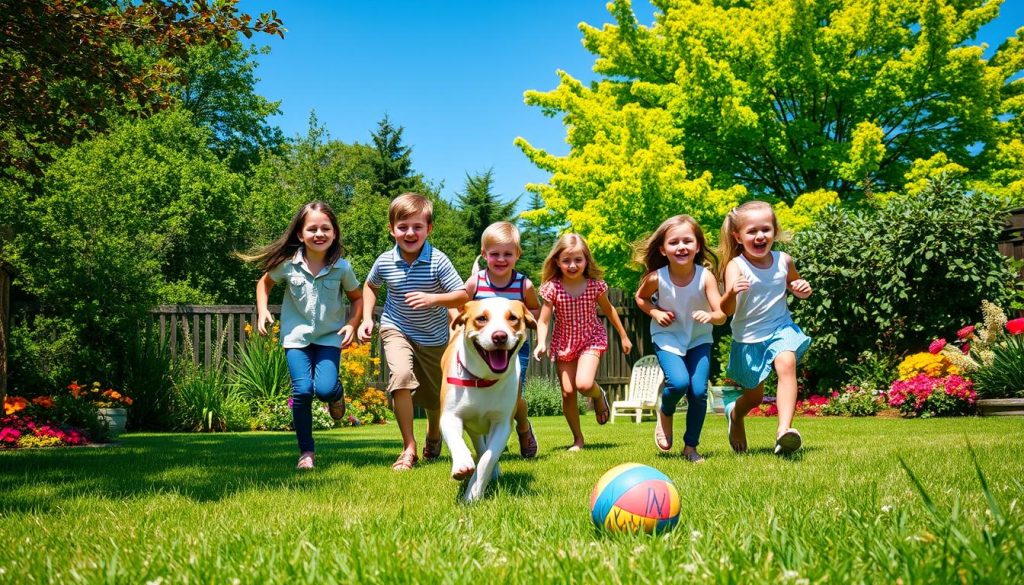 family playing with dog in backyard