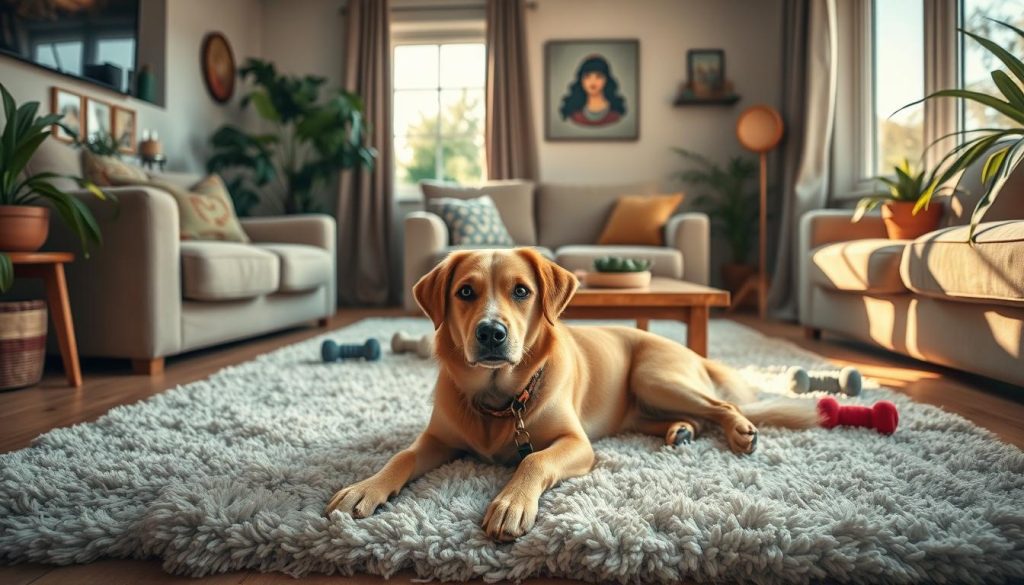 medium dog in living room